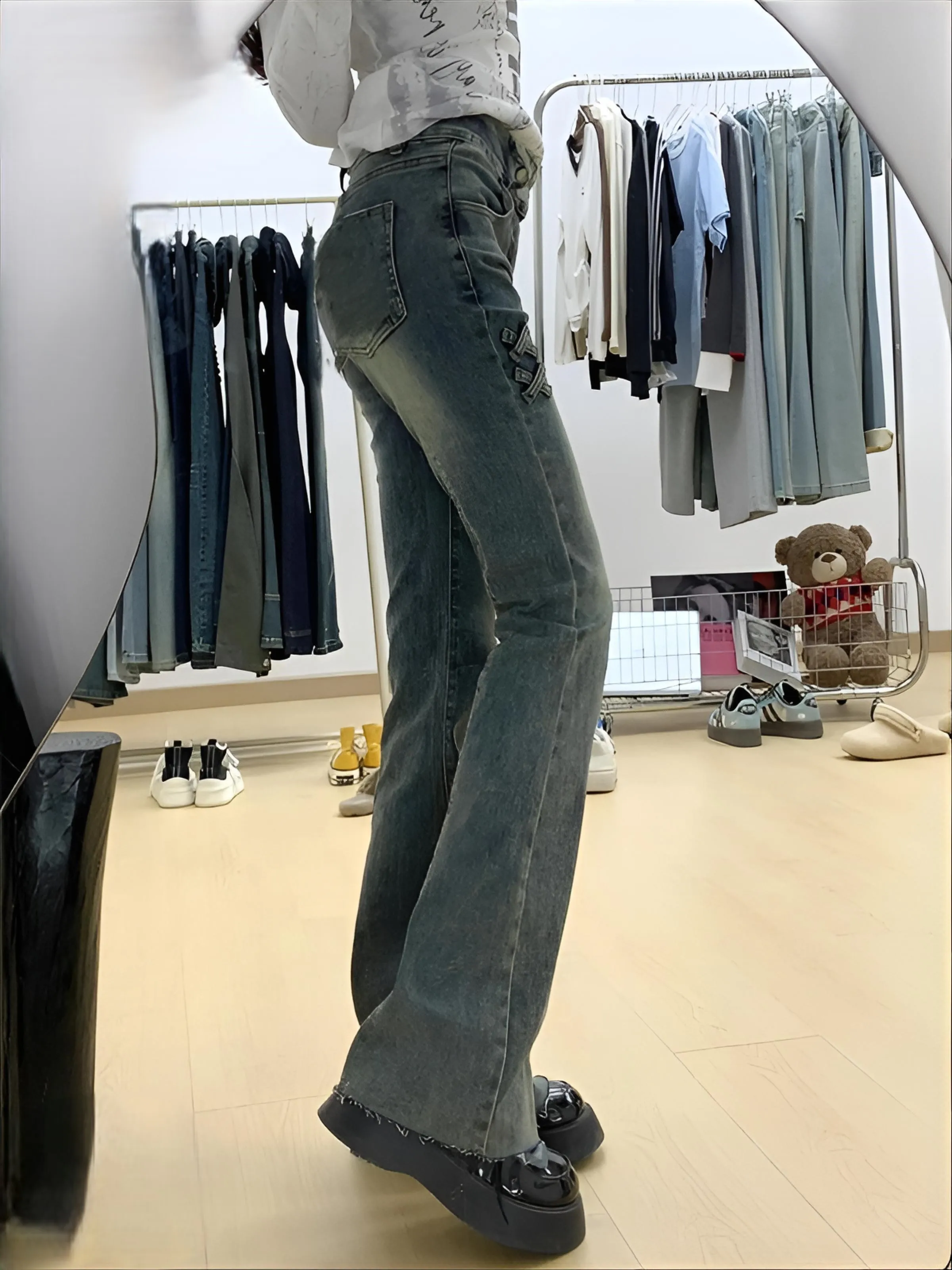 Bootcut Jeans Y2K Plus Size Dames Patchwork Boyfriend Skater Gothic Origineel Perfect Lang Haremstijl Licht trekkoord Comfortabel Ins