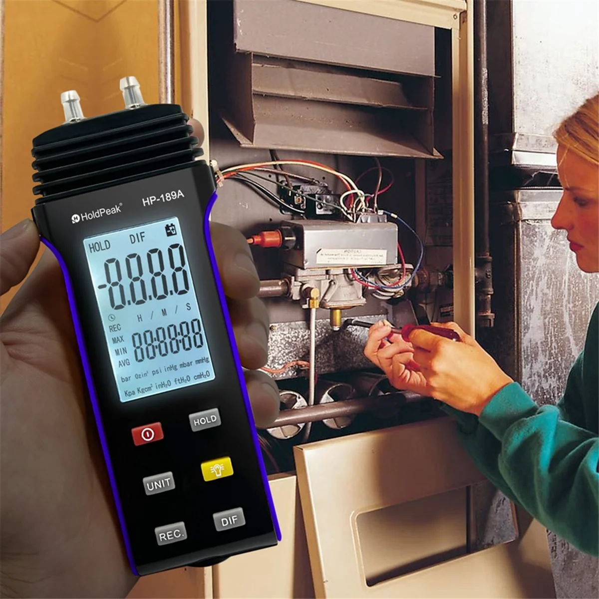 

New 3C- Digital Manometer,2-Port Manometer Gas Pressure Tester LCD Display with Backlight for Any Gas Pressure System Trouble