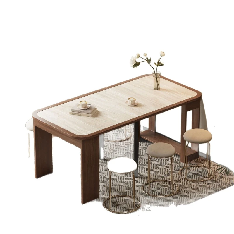 Retractable dining table, solid wood small household, medieval rock slab folding dining table