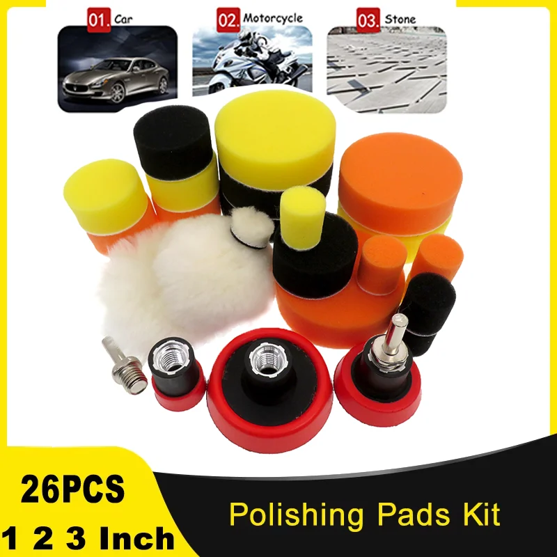 1/2/3 Inch Polishing Pads Kit for Drill Detail Polishing Pad 26 Pcs with M14 Thread Backing Pad Adapters for Car Cleaning Waxing