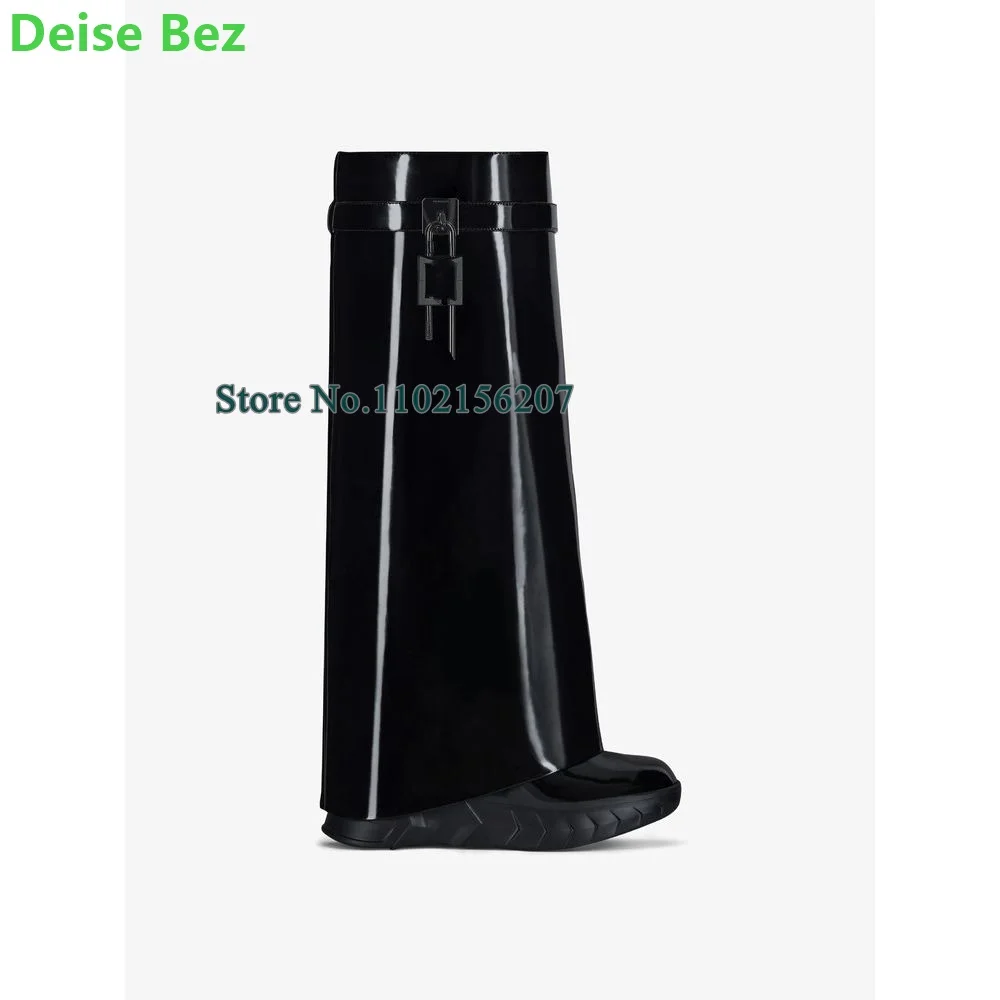 Black Lock Wedge Heel Long Boots For Female Women Luxury Designer Round Toe 2024 New Genuine Leather Solid Fashion Runway Shoes