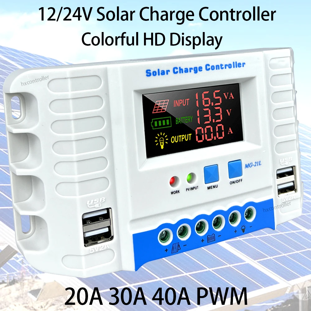 

12V 24V Solar Charge Controller 10A 20A 30A 40A PWM Solar Panel Charge Discharge Regulator Colorful LCD Display 4 USB Port