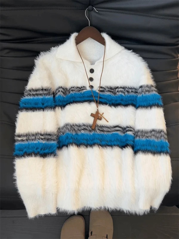

Blue And White Color Blo Soft Sweater Men's Winter Turn Collar Knitted Base irt Lazy High-End Feeling Inner Wear