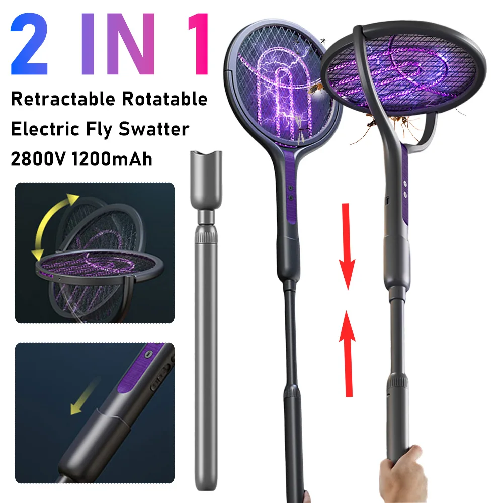 New 2-In-1 Mosquito Killer Lamp Multifunctional Angle Telescopic Mosquito Swatter USB Rechargeable Mosquito Swatter Bat Swatter