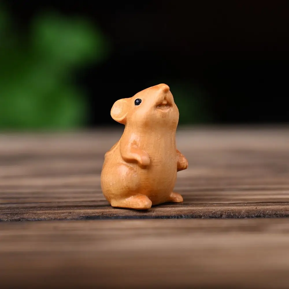 Home Decor Wood Carved Zodiac Mouse Statuette Cute Funny Hamster Statue Decorative Animal Figurine Sculpture Cabinet