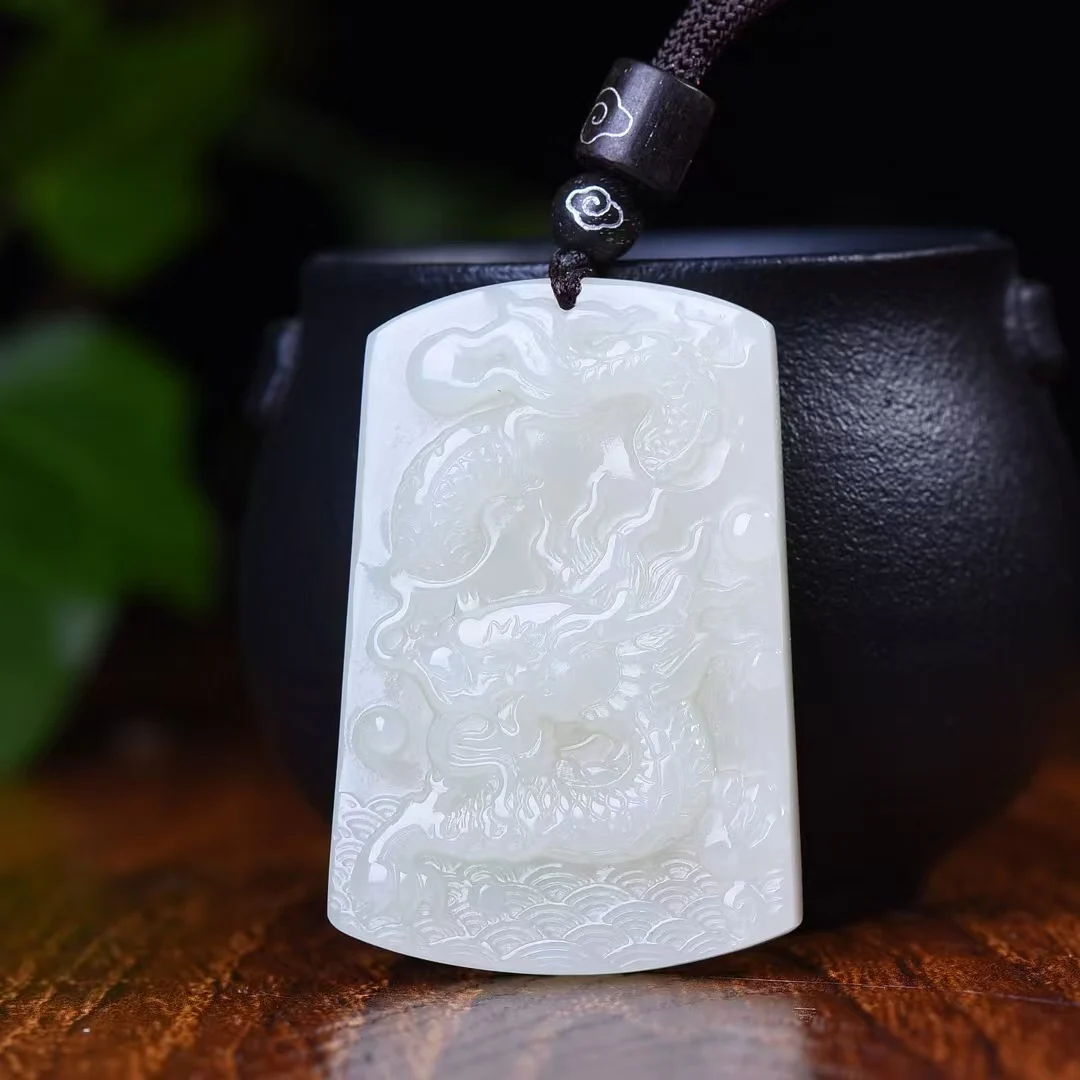 

Auspicious Dragon Card Pendant Hetian Jade White Color Necklace Chinese Jewelry ForMen's And Women's Birthday Gift Amulet Charm