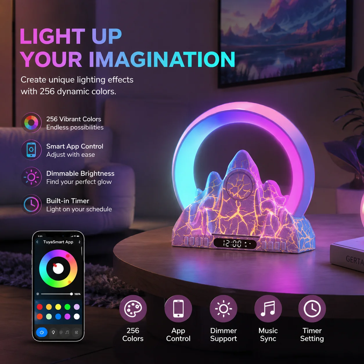 WWPPU WWPPU Volcano Sunrise Wake‑Up Light Tuya Smart App Bluetooth Speaker G‑Shape Decor Night Table Lamp