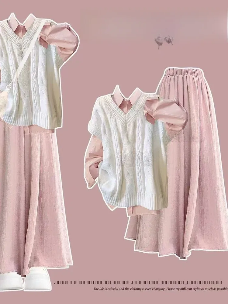 

Белый вязаный жилет College Sle, комплект из двух предметов, женский весенне-осенний свободный свитер для ленивых, жилет с перекрытием