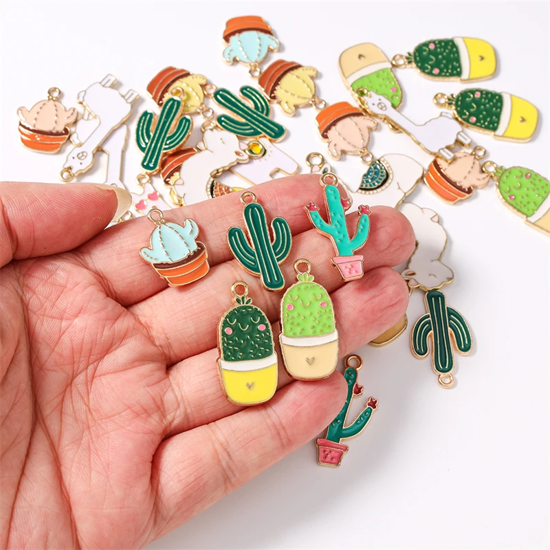 10 Stück niedliche gemischte Pflanzen-Kaktus-Anhänger, Emaille-Tier-Anhänger, Alpaka-Anhänger für die Schmuckherstellung, Halsketten, Ohrringe, DIY-Bastelarbeiten, Geschenke – Detail 2