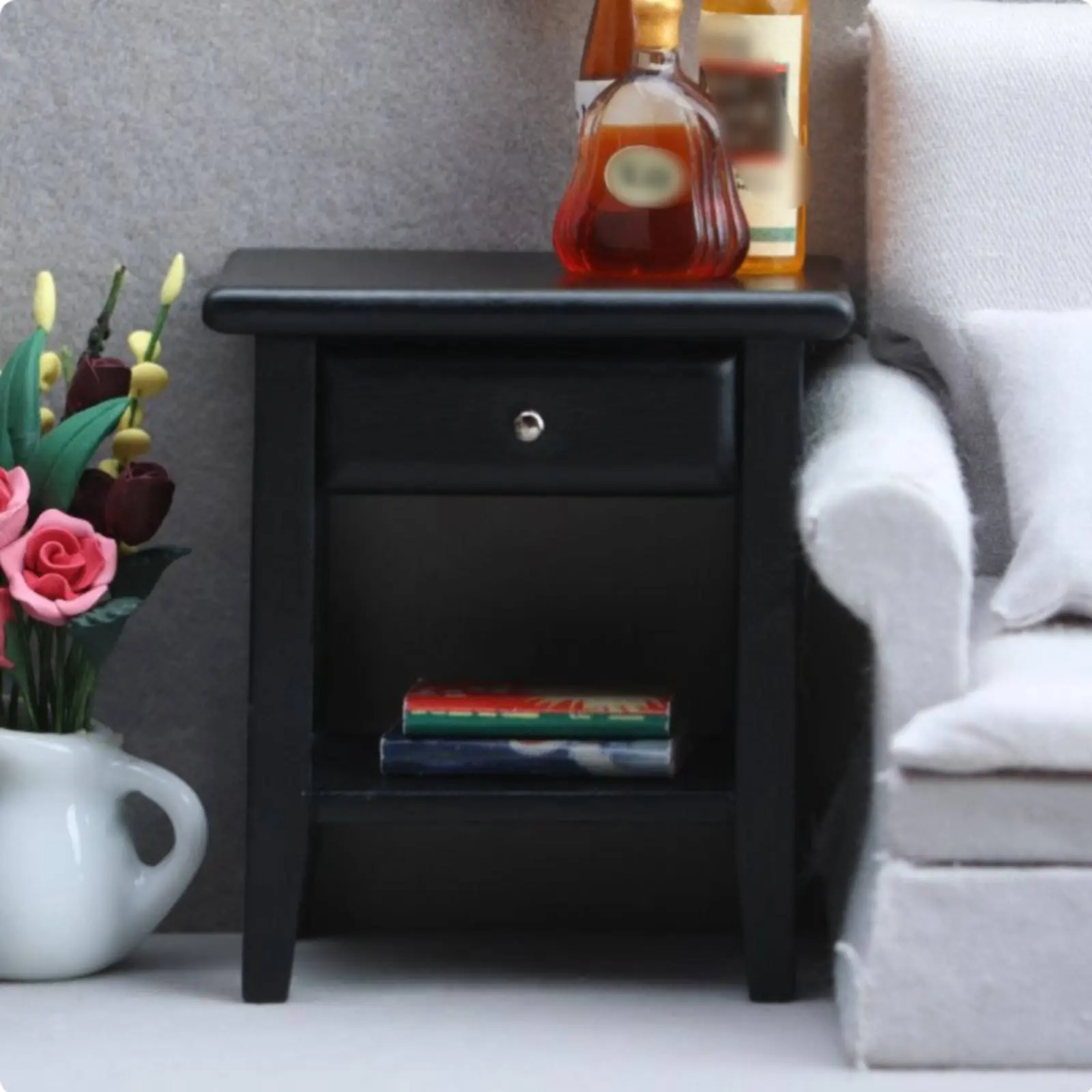 Dollhouse Nightstand Modern Design 1:12 Scale Bedside Table Wooden Dollhouse Nightstand Functional Drawer for Hobbyists