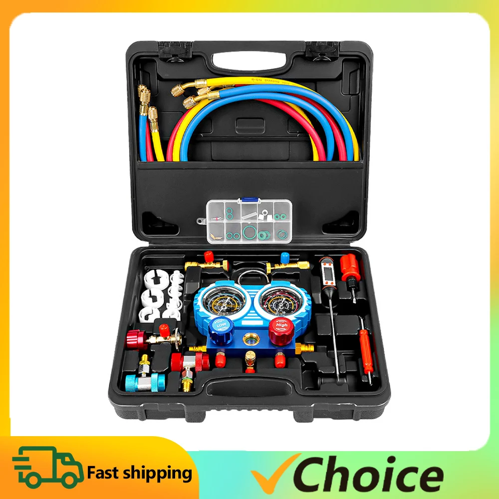 AC Gauge Set AC Manifold Gauge Set for R134a R12 R502 Refrigerant 3 Way Car with Self Sealing Can Tap Freon Charge Kit