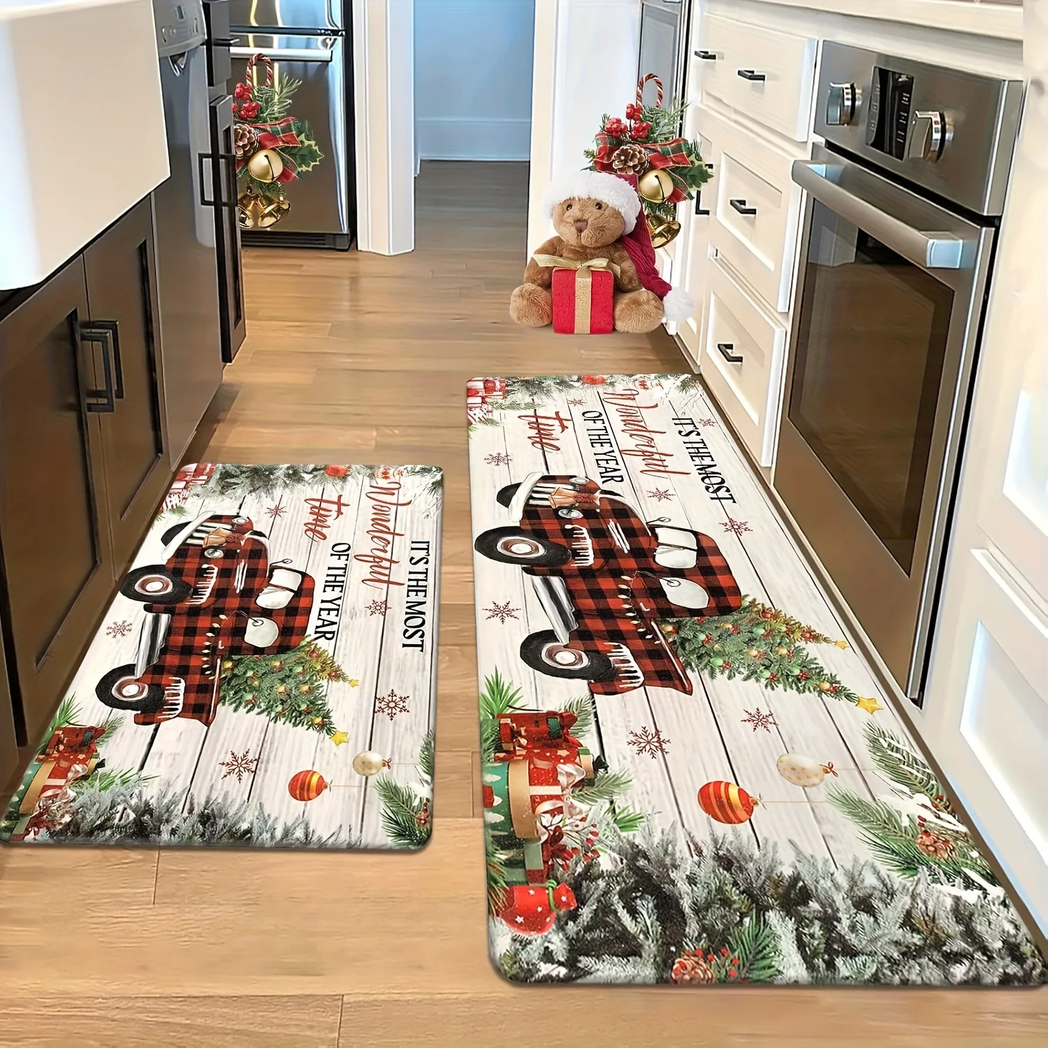 VIKAMA Christmas Wooden Plaid Pickup Truck Tree Snowflake Kitchen Rug Set Non Slip Washable Floor Mat Indoor Holiday Decor