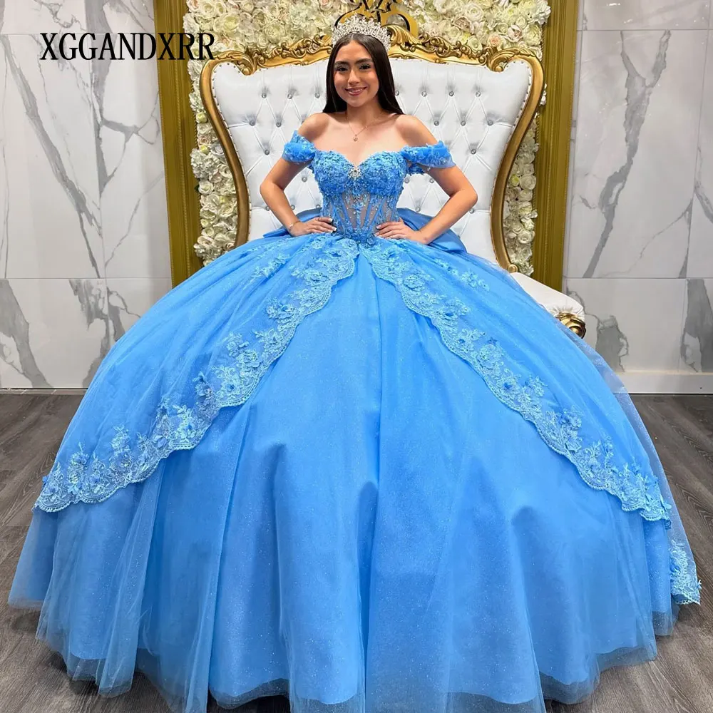 Customized Elegant Sky Blue Ball Gown Quinceanera Dress 2025 3D Floral Lace Applique Sweet 16 Dress Birthday Vestidos De 15 Anos