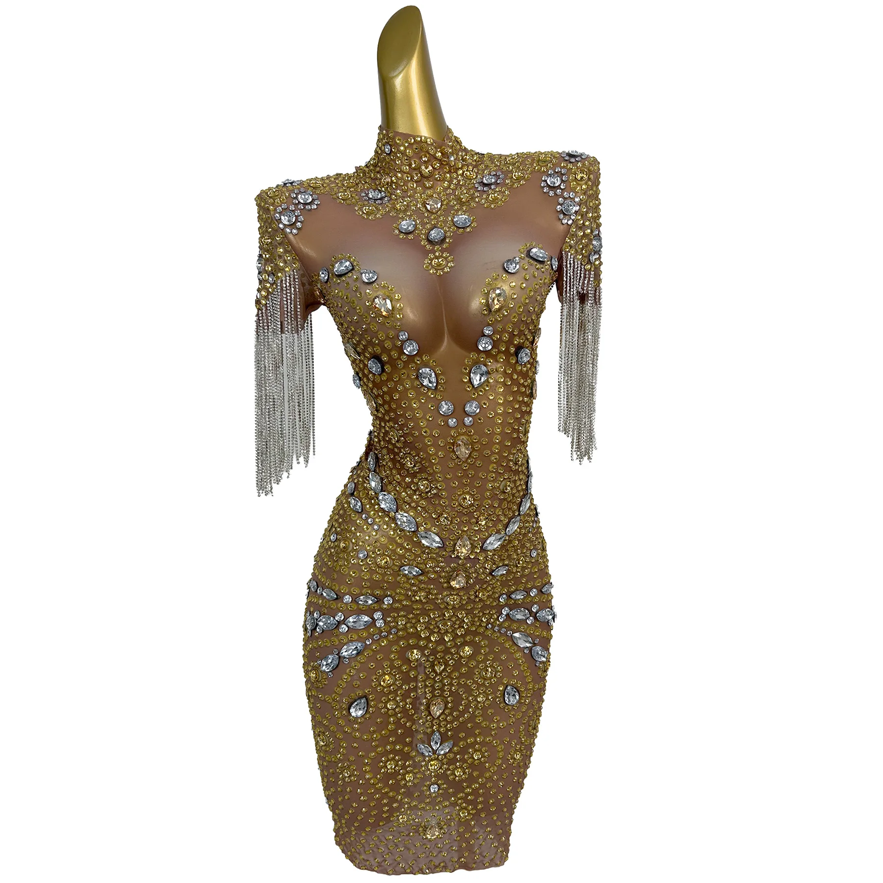 Qixi Gold Rhinestone Fringe Short Dress High Neck Sheer Mesh Bodycon Dress Women Stage Performance Party Dance Costume