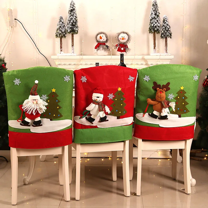 Christmas Chair Covers Winter Warm Santa Snowman Reindeer Chair Back Covers Soft Dining Chair Caps for Home