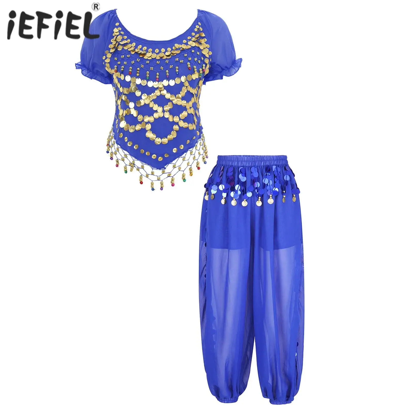 Womens Belly Dance Outfit Short Puff Sleeve Sequined Crop Top And Side Split Sequined Bloomers Pants Belly Costume Dancewear Set