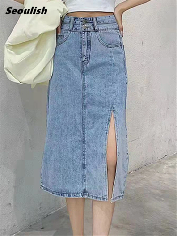 

Seoulish Spring Summer 2022 New Women's Denim Midi Skirts Front Split High Wasit Buttons Jeans Skirt Female Pencil Wrap Skirts