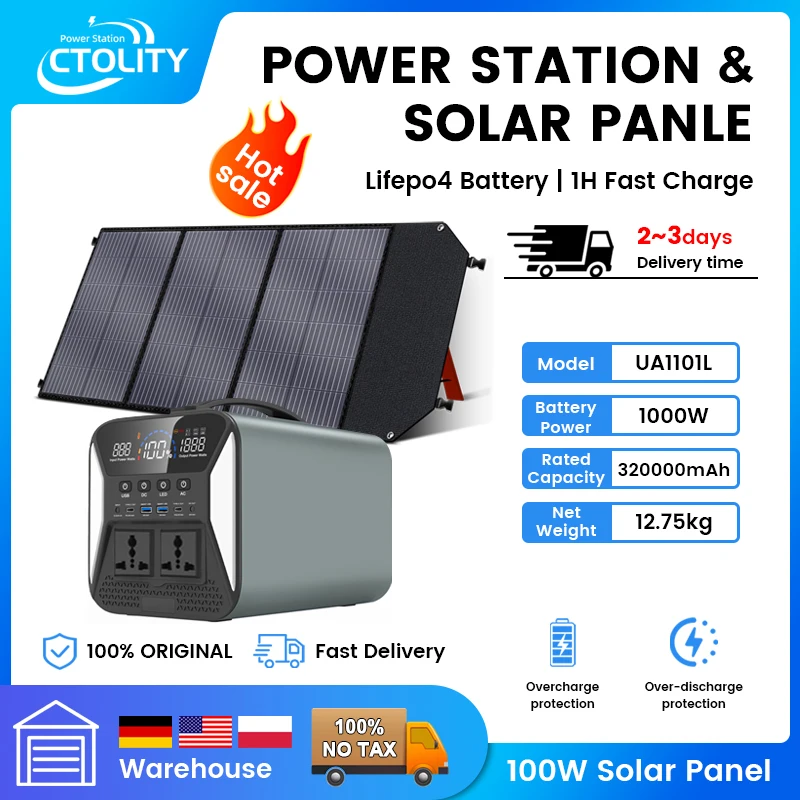 100W Solar Panel and 1000W Portable Power Station Camping Outdoor Tent Battery Lifepo4 1038Wh Powerstation EU Warehouse Shipping