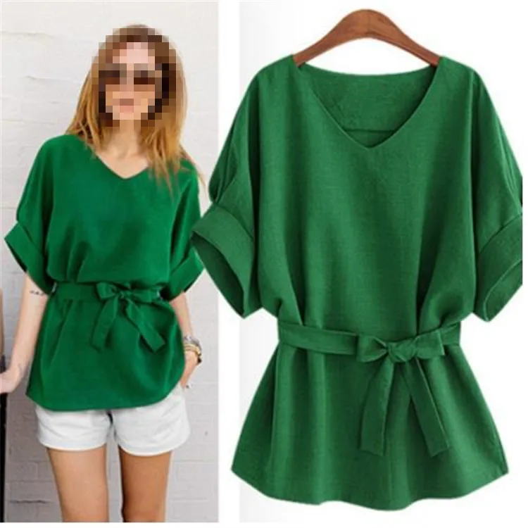 Fashionable Summer New Shirt Sweet Qing New Women's V-neck Short Sleeve Shirt Bat Sleeve Large Loose Waist Cotton Hemp Top