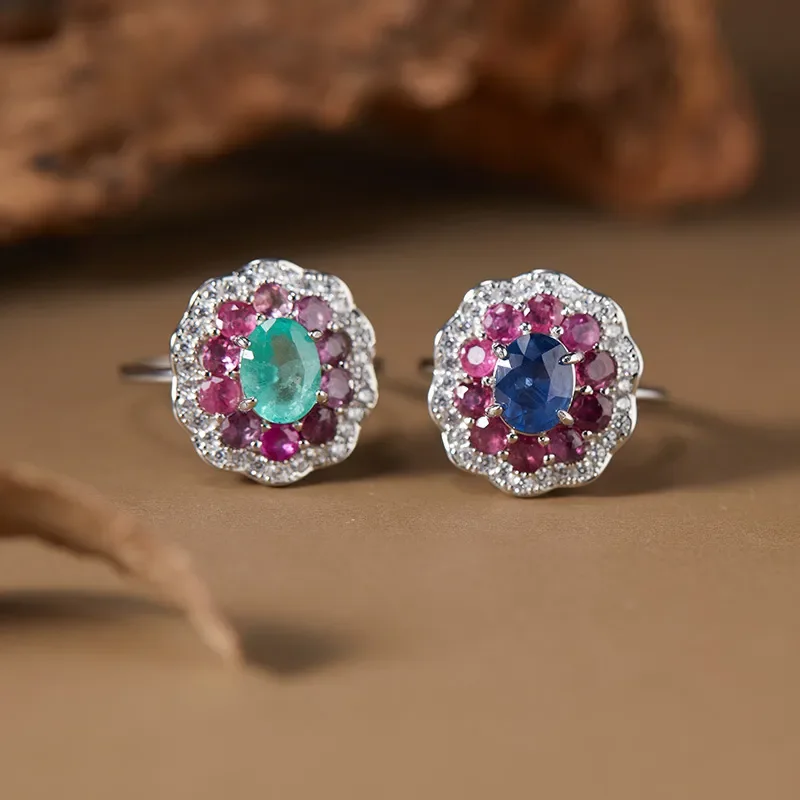 Natural sapphire emerald colored treasure ring women's s925 sterling silver ruby with stone live broadcast explosion factory