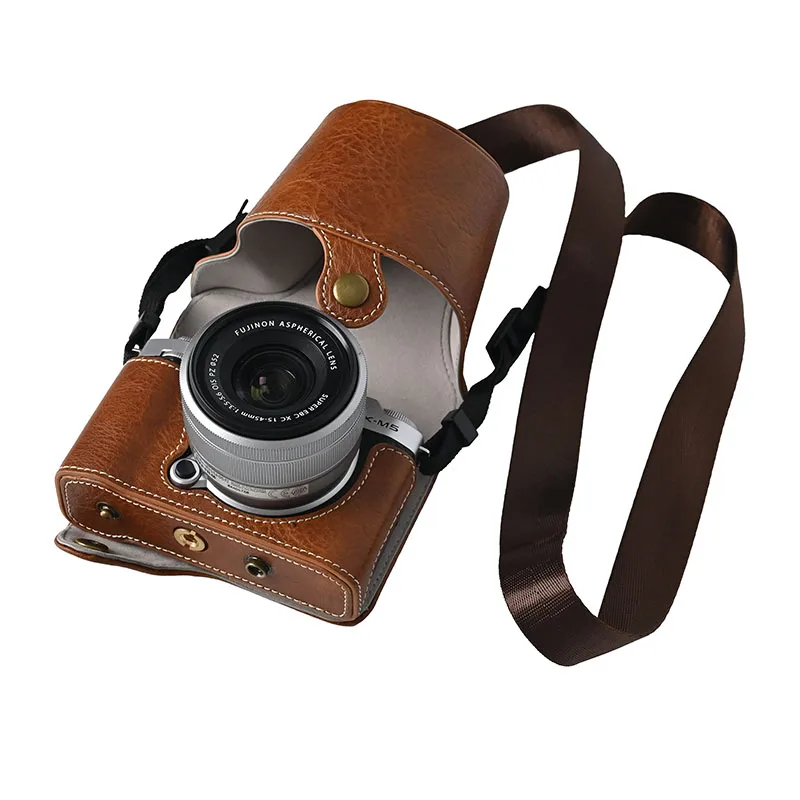 XM5 Litchi Pattern PU Leather Camera Bag For Fujifilm XM5 Fuji X-M5 Bottom Opening Full Camera Cover With Shoulder Strap
