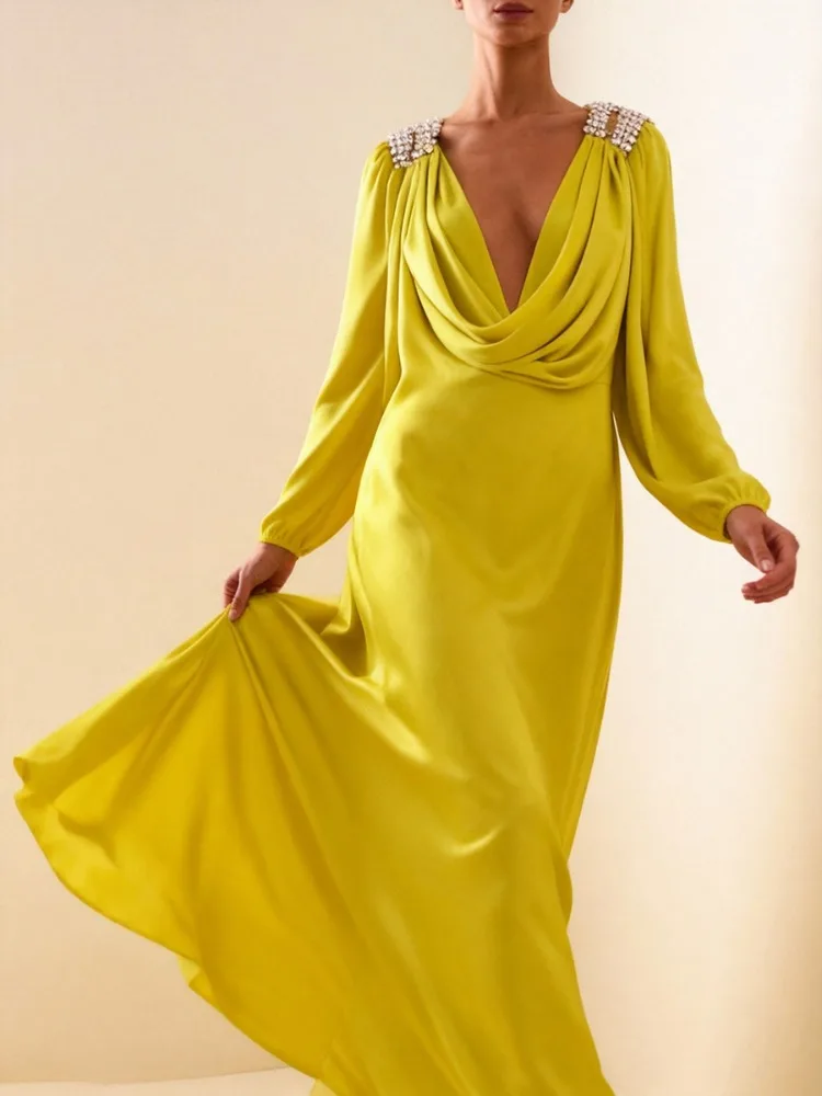 Freeacy Damesjurk met gele V-hals en lange mouwen 2026 Lentemode Satijn Verfraaide schouder Elegante avondjurken