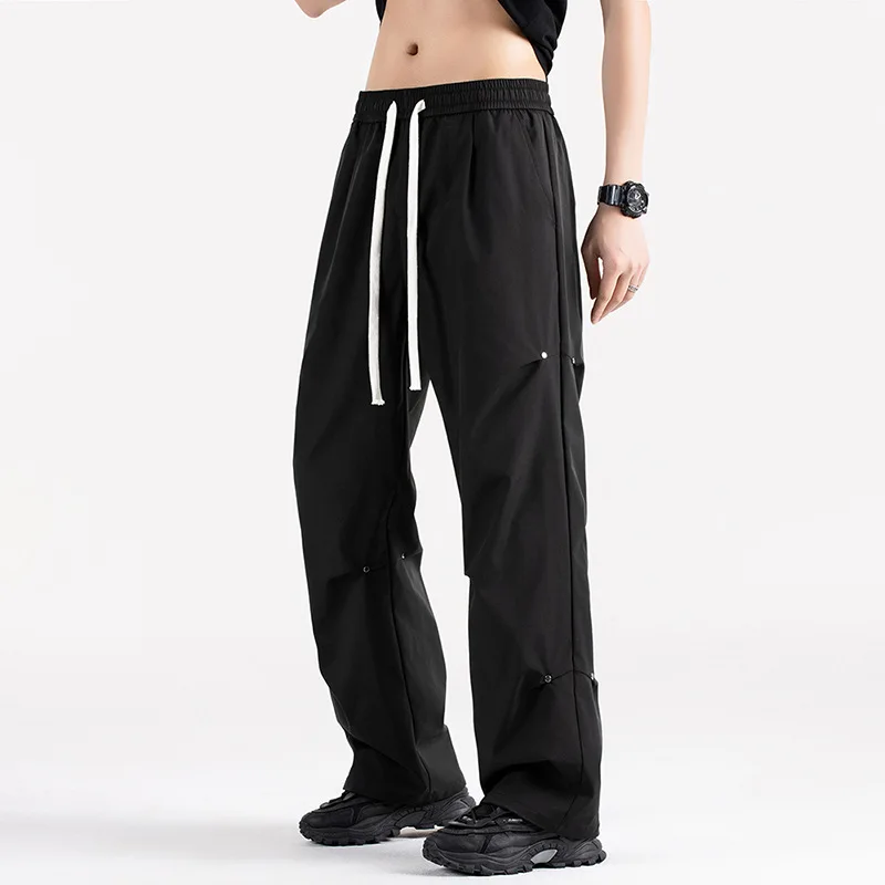 Men Tactical Overalls Summer Drawstring Waist Multi-Pocket Straight Street Military Lightweight Breathable Outdoor Casual Pants