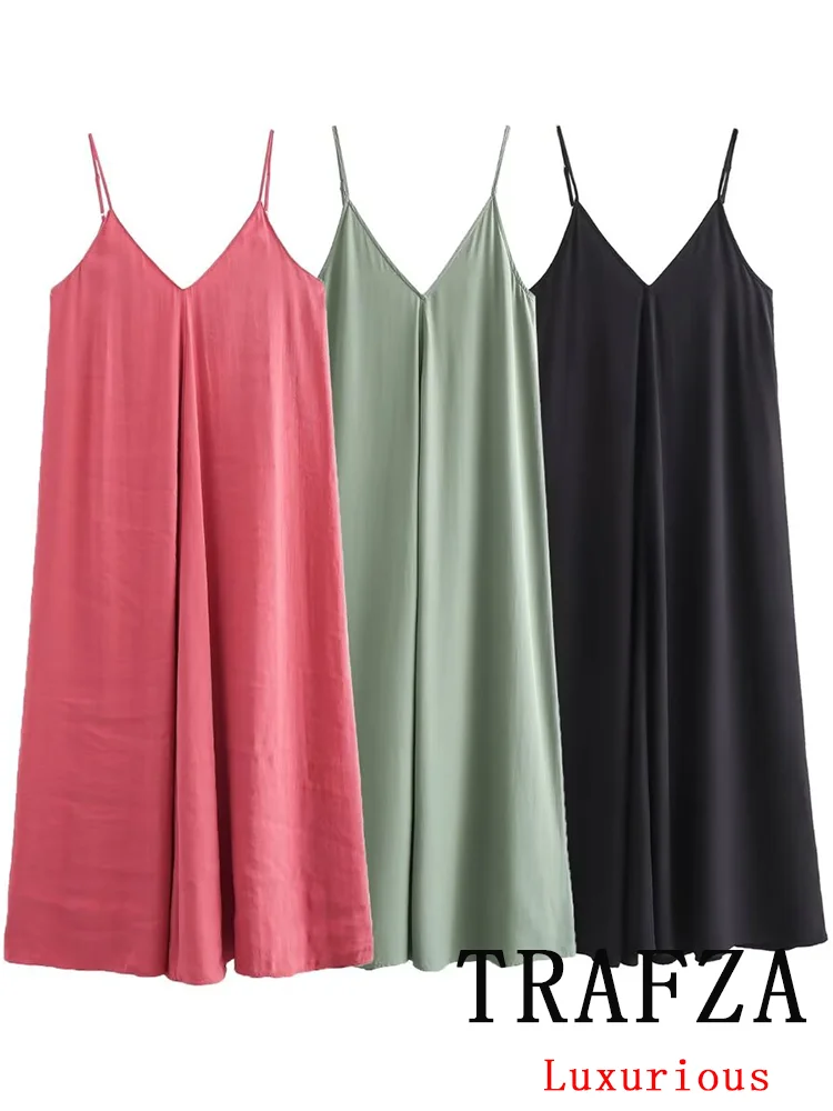 Trafza sexy chic satin solide frauen cami kleid ärmelloses rücken freies v-hals langes kleid mode 2024 sommer schickes strand party kleid