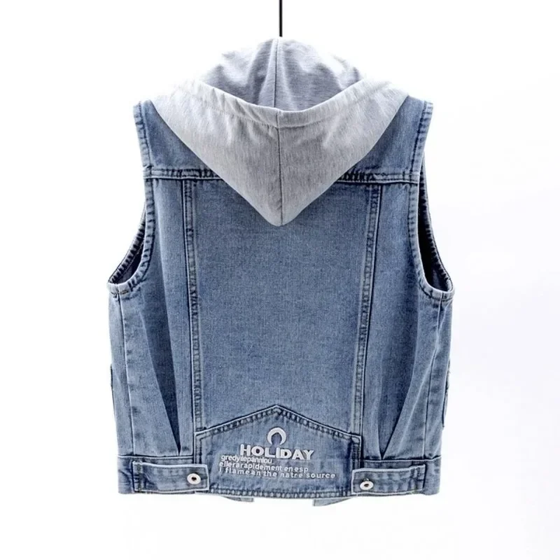 Sleeveless Jeans Jacket Women Korean Fashion Hooded Vests Jean Short Waistcoat Large Size Cotton Zipper Denim Vest Female - Image 3