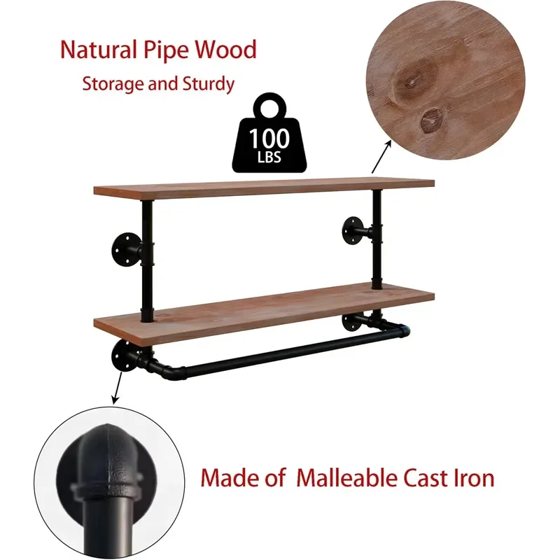 Clothes Rack Wall Mounted Garment Rack with Real Wood Shelf Heavy Hanging Clothes Rack Space-Saving Closet Storage