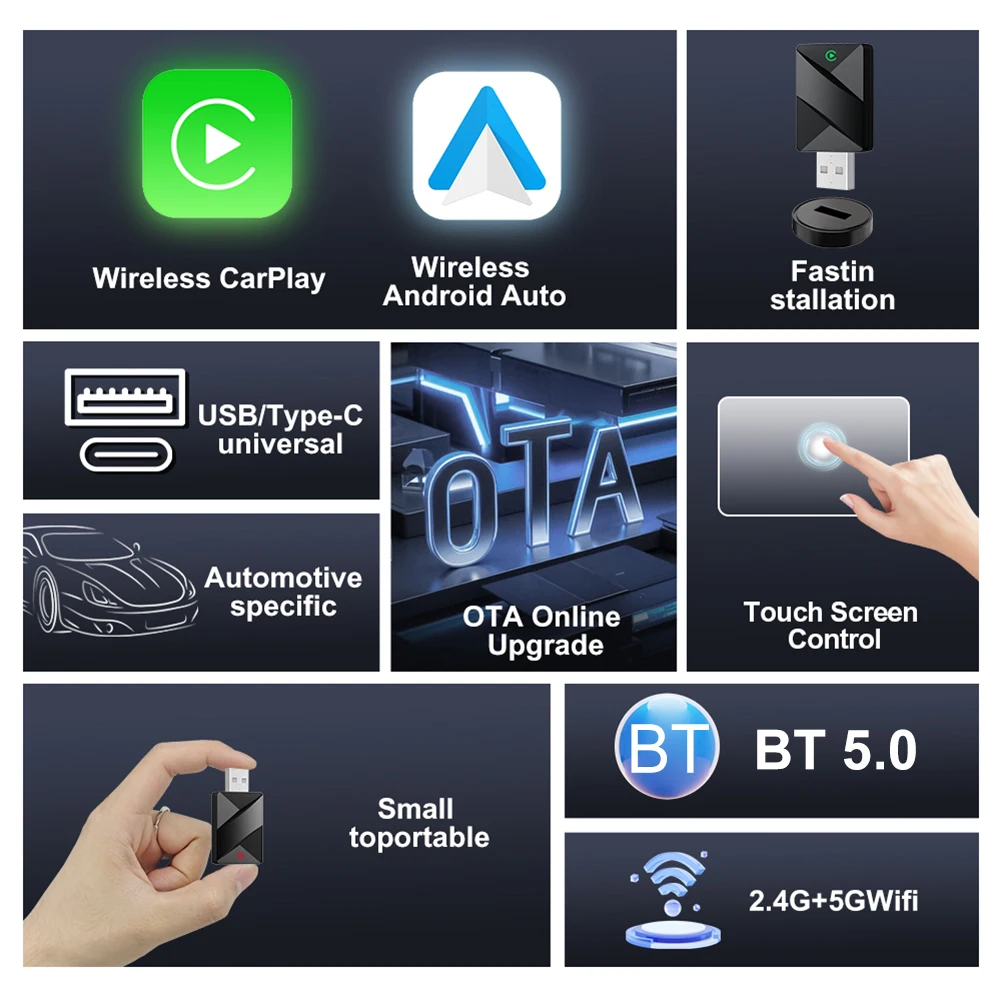 2 في 1 محول CarPlay اللاسلكي Android Auto USB Dongle Mini Box محول Carplay اللاسلكي للسيارات Carplay السلكية إلى Carplay اللاسلكية