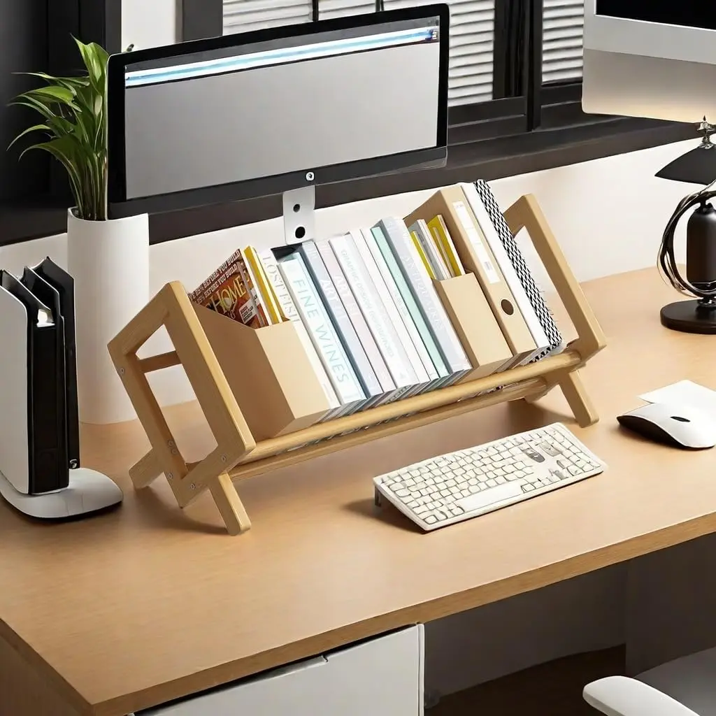 Simple Bookshelf Small Wood Bookshelf Student Desk Table Bookshelf Mini Wood Shelf Home Office Bookcase Wooden Shelves image 6