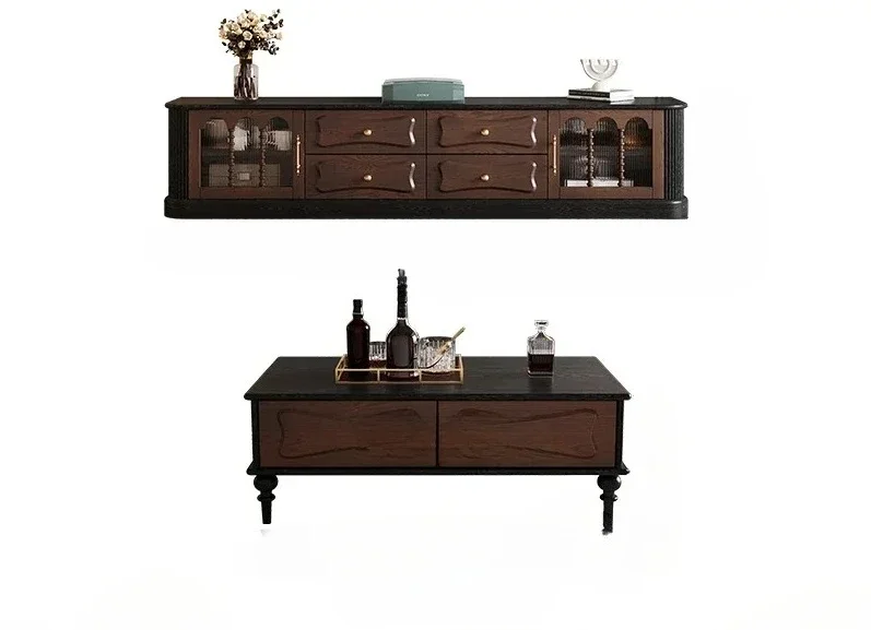 American light luxury solid wood TV cabinet coffee table combination French retro simple living room audio-visual cabinet