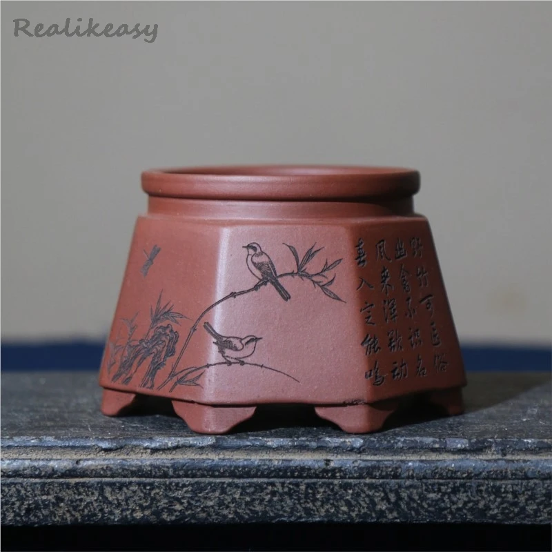 

2026 Chinese style Purple Clay Flower Pot Creative Handmade Carving Flower Pot Home Desktop Decoration Succulent Flower PotLJ459