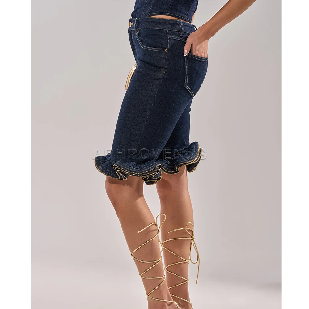 Wave Ruffle Hem Slim Denim Shorts Women Casual High Waist Slim Fit Ruffled Denim Shorts Fashion Slimming Streetwear - Image 4