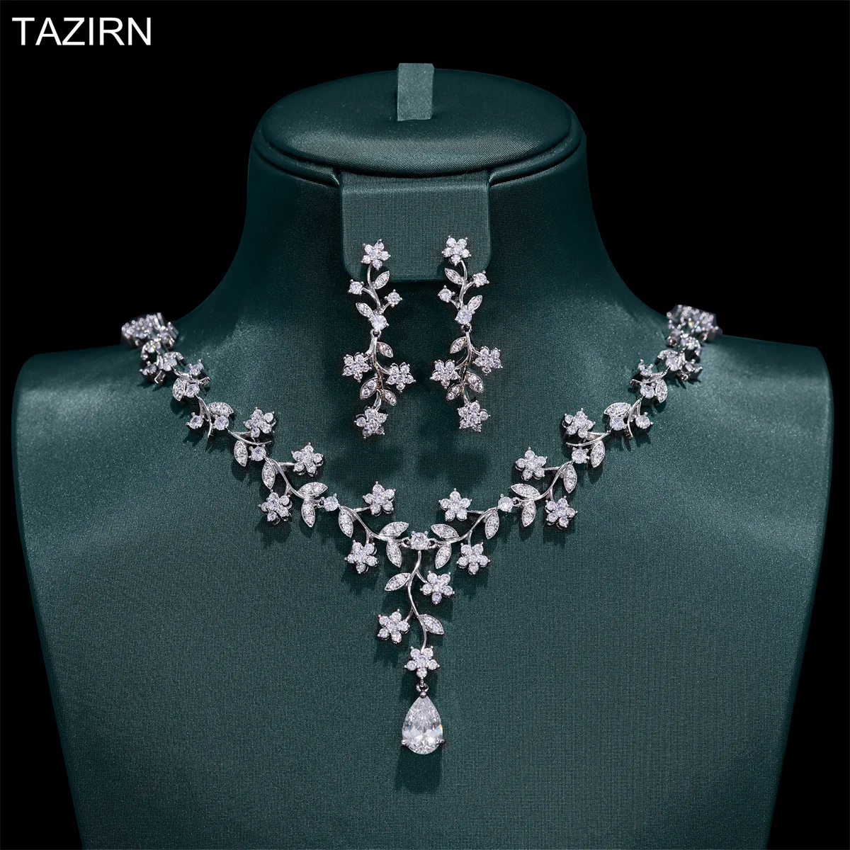 TAZIRN 5A Cubic Zirconia Floral Jewelry Set CZ Necklace and Earrings  For Dubai Nigeria Women Luxury Wedding Jewelry 2PCS Set