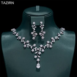 TAZIRN 5A Cubic Zirconia Floral Jewelry Set CZ Necklace and Earrings  For Dubai Nigeria Women Luxury Wedding Jewelry 2PCS Set