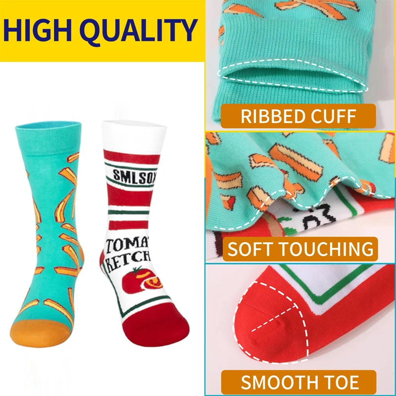 Funny Socks Tomato Ketchup French Fry Printed Cotton Socks AB Style Mid-Calf Food Socks Creative Abstract Novelty Couple Socks