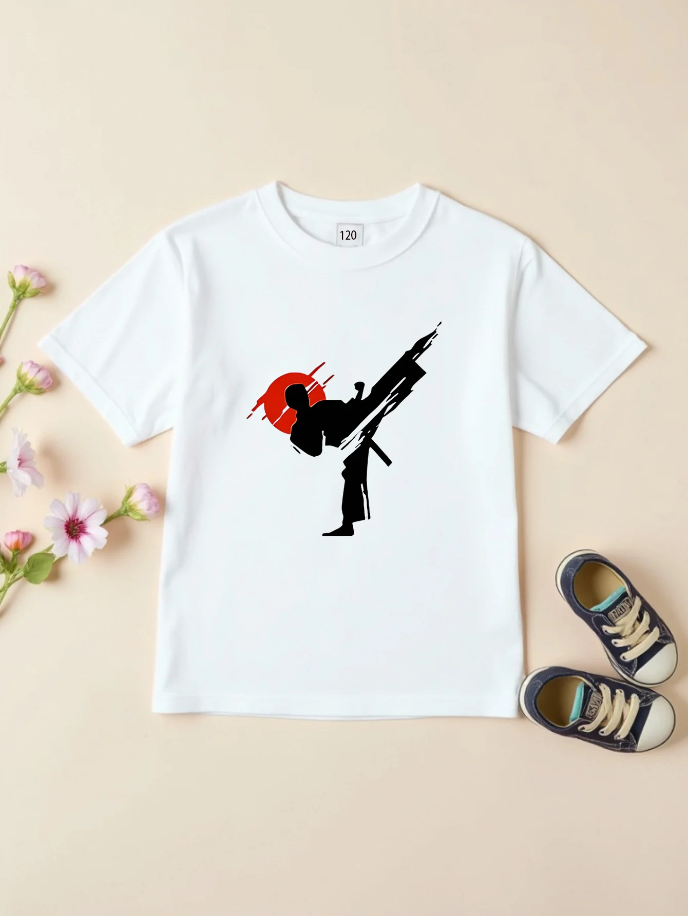 Children's Martial Arts Printed T-shirt Taekwondo Training Clothes Cartoon Kung Fu Pattern Short Sleeve Parent Child Top