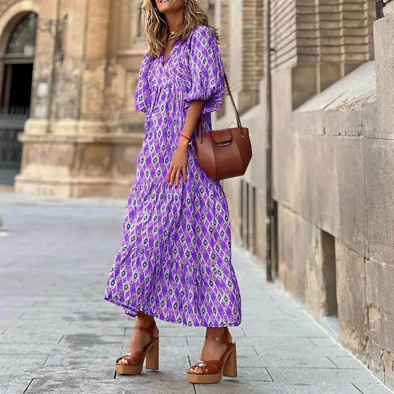Vestido longo com manga puff para as mulheres, estilo boho, v pescoço, solto, casual, para férias, praia, festa, verão