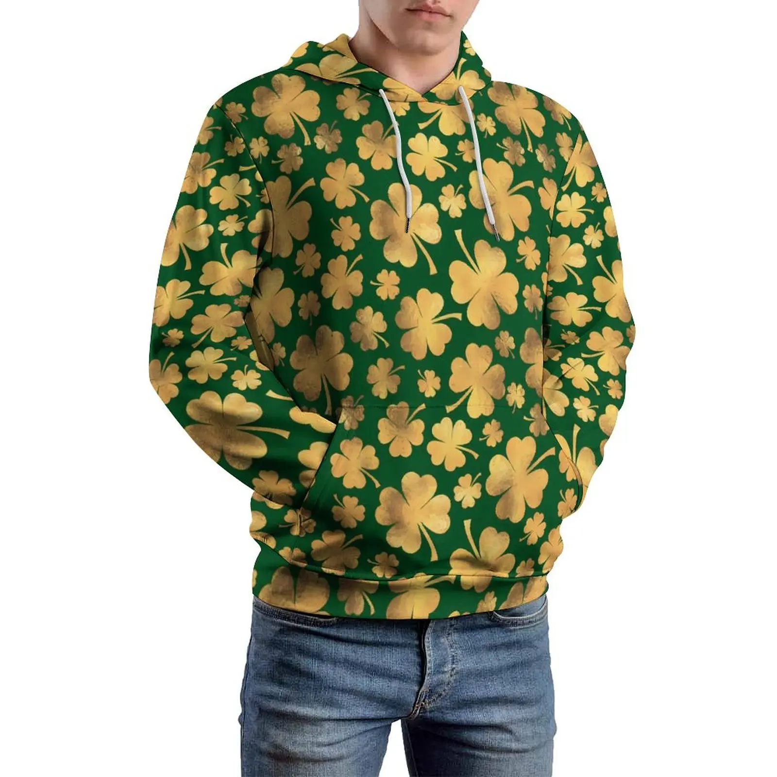 Gold Foil Shamrock Casual Hoodies Long-Sleeve Lucky Clovers Elegant Hoodie Spring Loose Design Oversized Hooded Sweatshirts