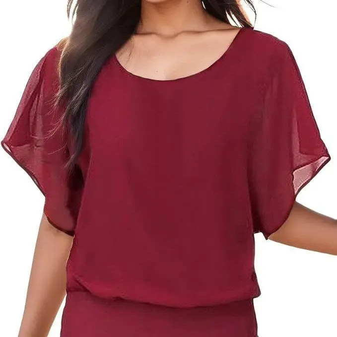 Ele Loose Dames Irts 2024 Lenteseizoen Polyestermix Chiffon Batwing Sve Lichtgewicht Faionable Curvy Top