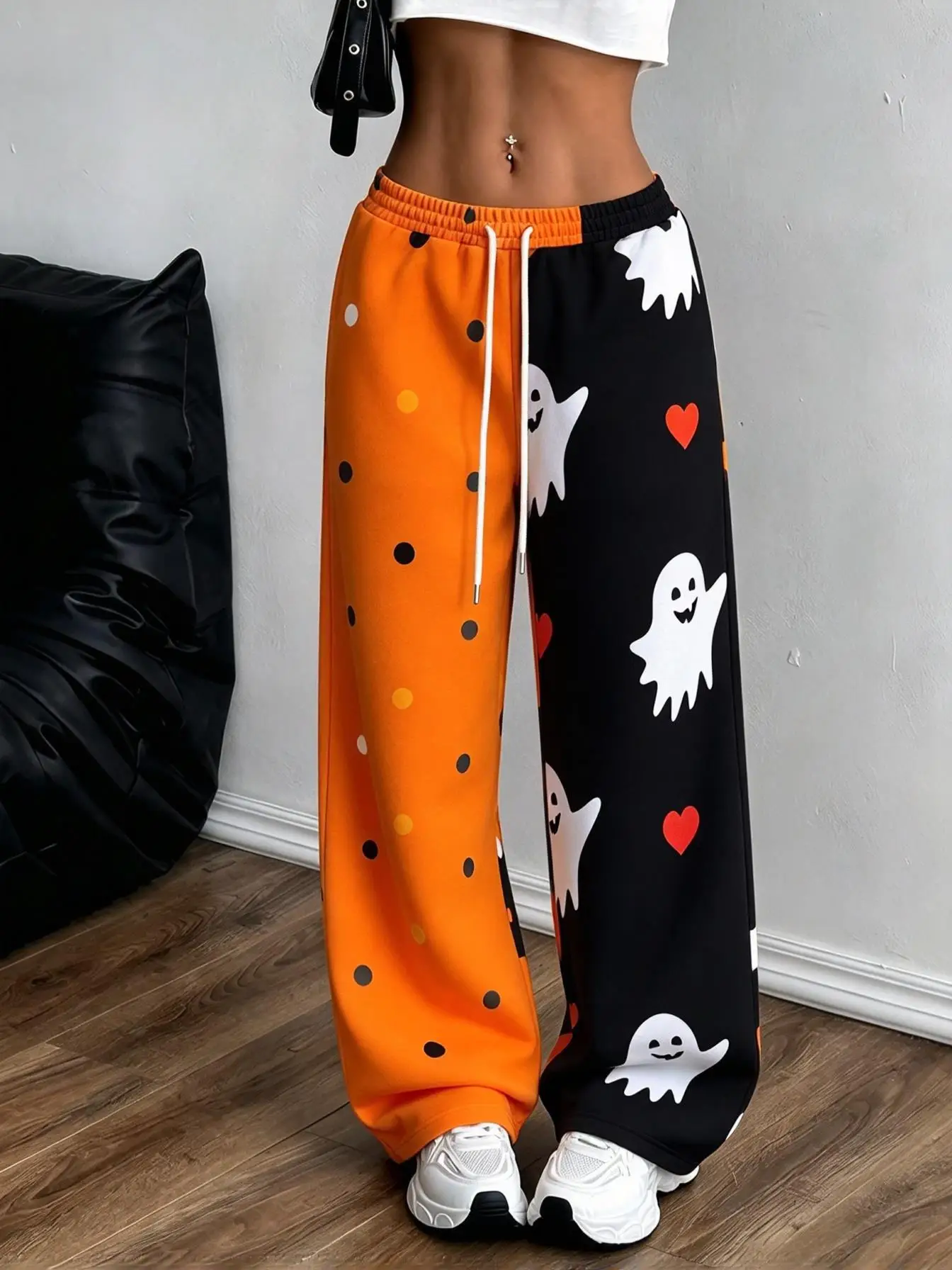 Halloween Split Color Block Ghost Cat Moon Skull Floral Print Women Wide Leg Sweatpants Low Waist Pants