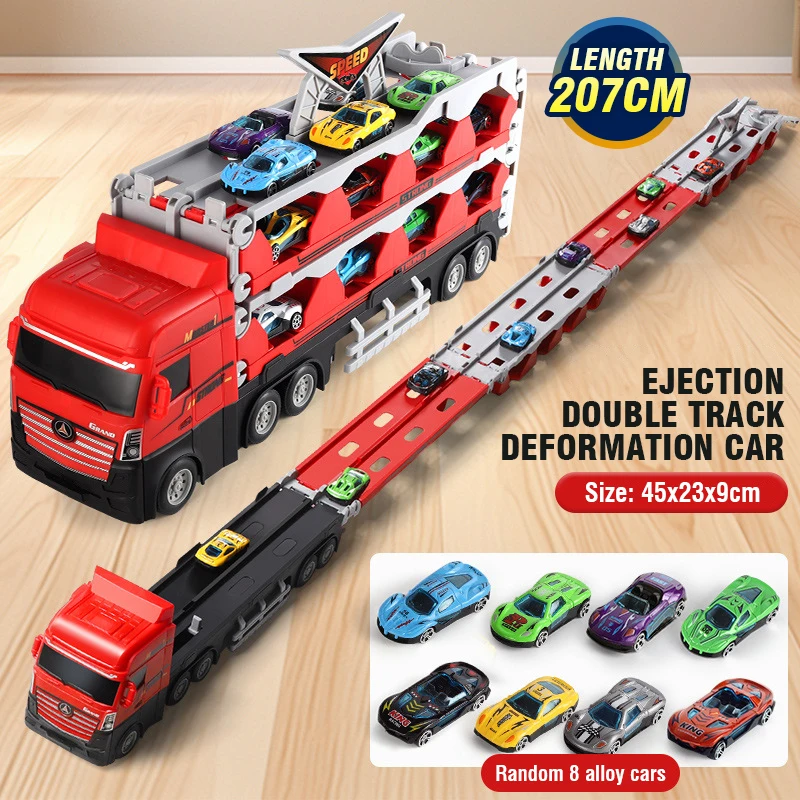 8Pcs/ Set Large Car Transporter Truck Folding Ejection Alloy Sports Car Model Inertial Truck Toys for Boys Children Educational