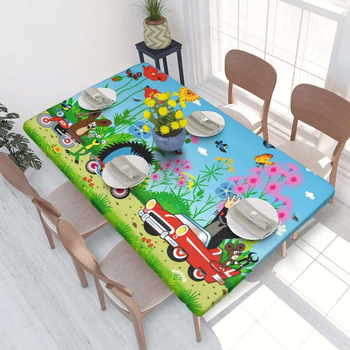 Custom Rectangular Oilproof Happy Krtek Cartoon Mole Table Cover Kawaii Little Maulwurf Table Cloth 4FT Tablecloth for Picnic