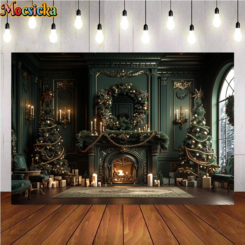Mocsicka-خلفية تصوير شتوية لعيد الميلاد ، موضوع أخضر ، مدفأة ، حفلة عطلة ، صورة عائلية ، خلفيات صور ، استوديو