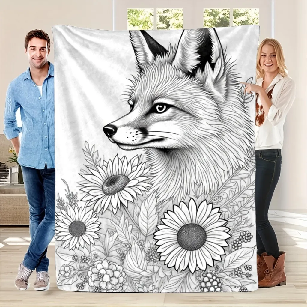 Fox & Floral Coloring Page Flannel Bedspread, Ruffled Edges Blank Coloring Book for Kids Adults Gift