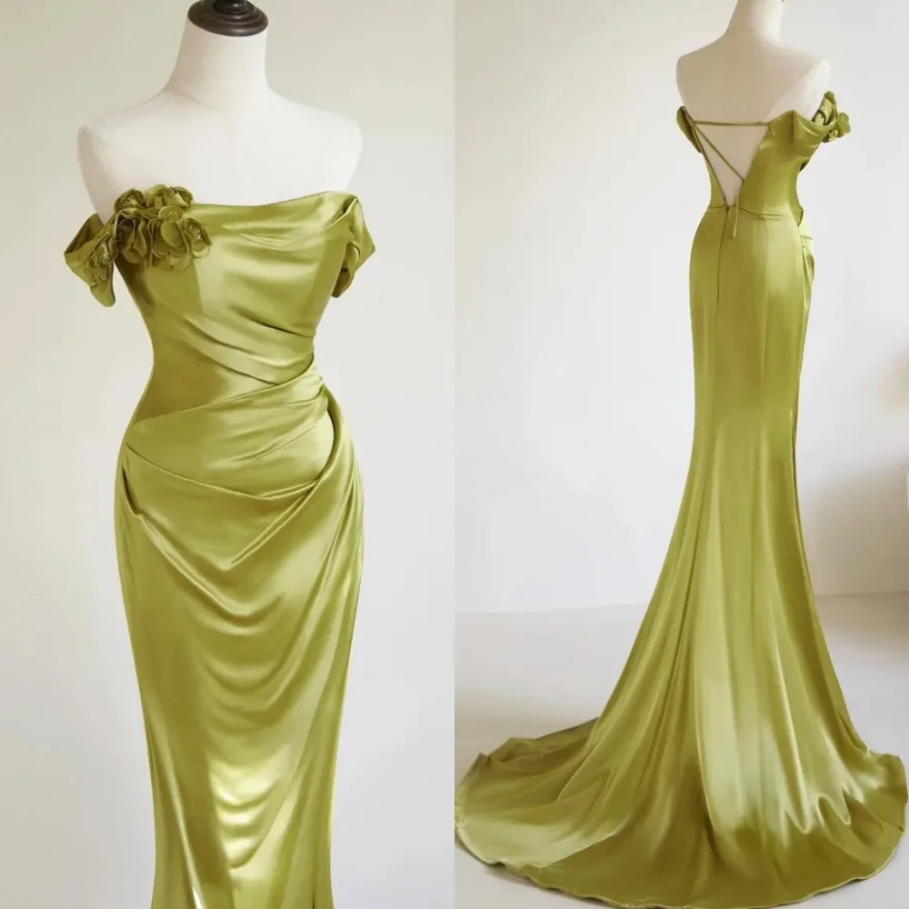 Customized Exquisite Green Satin Evening Dress Delicate Strapless Off the Shoulder Sleeveless Zipper Back Special Occasion Gowns