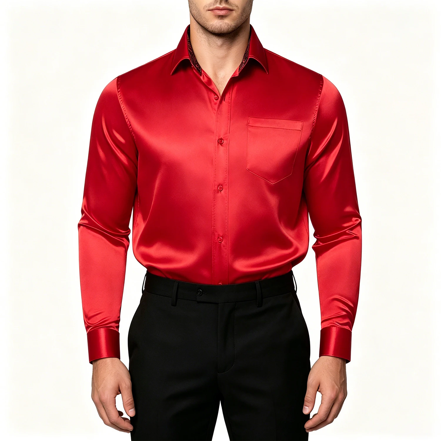 

Men's Satin Dress Shirt Polyester Contrast Collar Cuff Long Sleeve Button Down Business Party Tops
