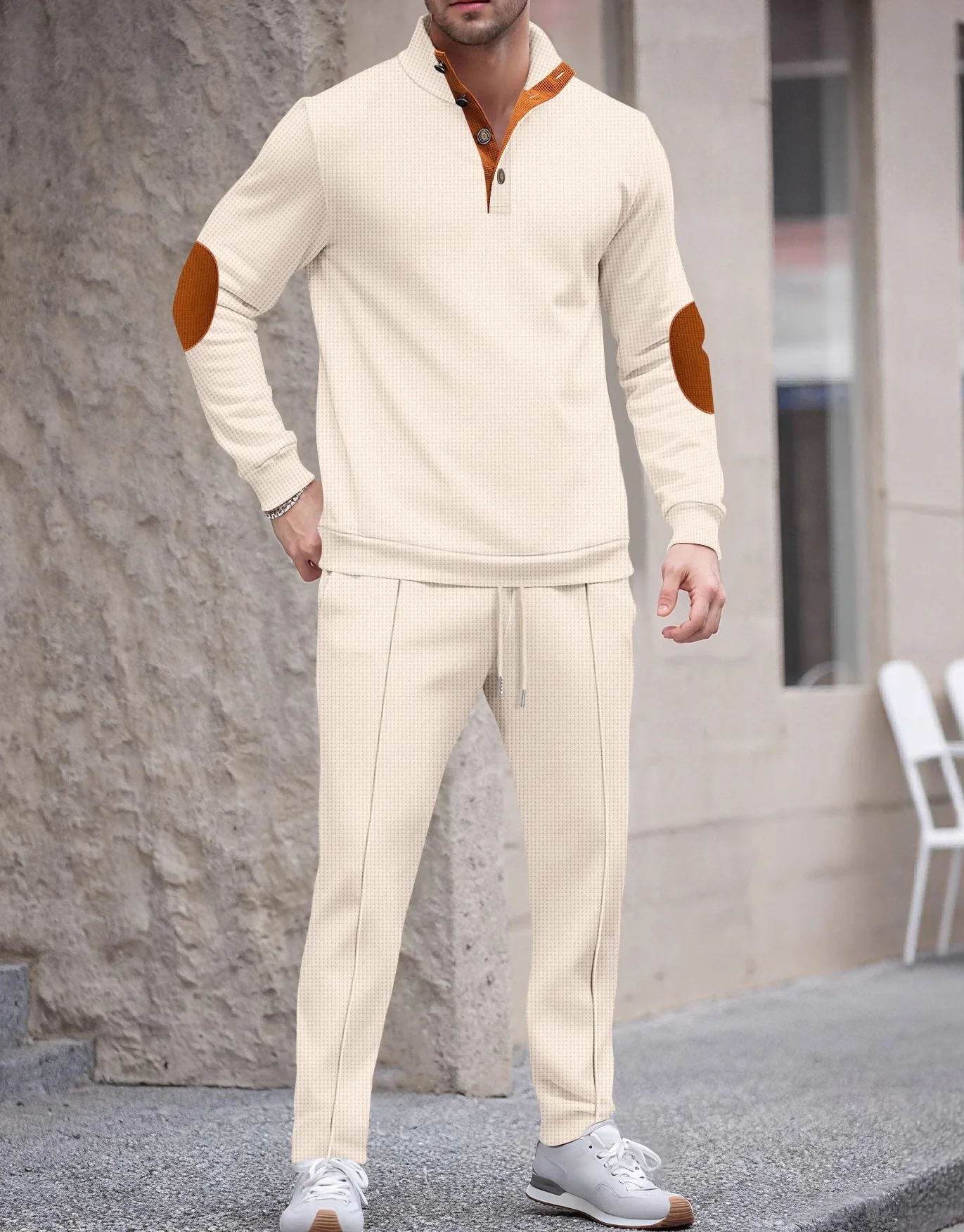 الرجال الخريف وصول جديد النمط الأمريكي الوقوف طوق زر متابعة أكمام الكوع مبطن Colorblocked كم طويل هوديي وبانت #1